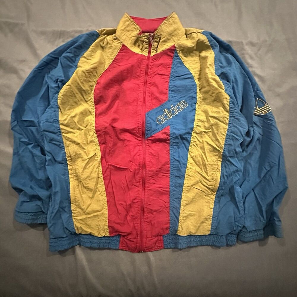 Vintage 80s Adidas Windbreaker Mens L Trefoil Colorblock Stripe Retro Full Zip